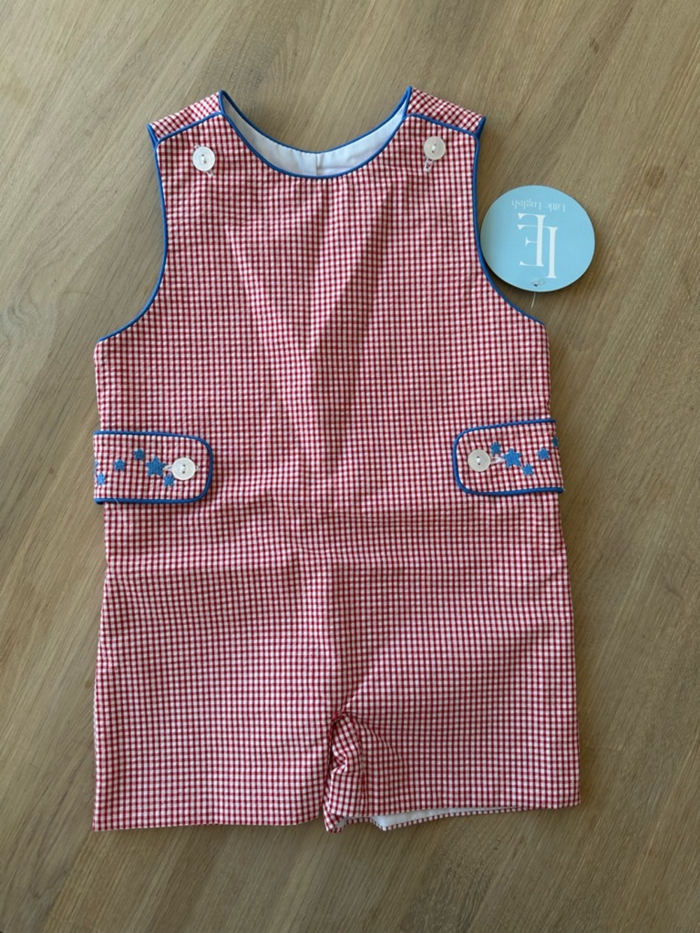 Little English Red Gingham Romper with Blue Trim